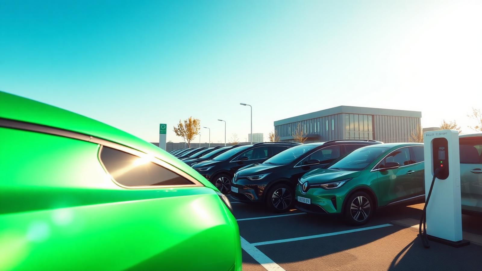 Charging plaza with a row of modern electric vehicles, the three-party model in motion.